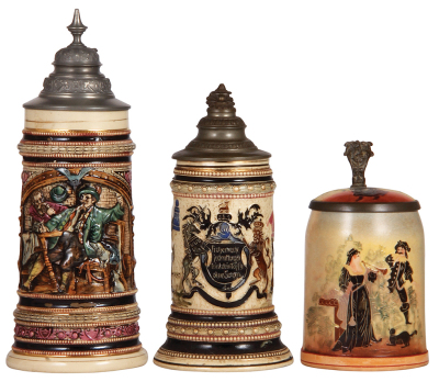 Three Diesinger steins, pottery, .5L, relief, pewter lid, factory black glaze skips; with, .5L, 1098, threading, pewter lid, handle breaks glued; with, .5L, threading, inlaid lid, hairline on inlay. 