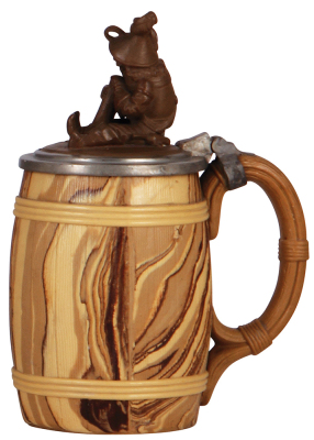 Mettlach stein, .5L, 675, relief, earlyware, Barrel, figural inlaid lid of Landsknecht, mint. - 2