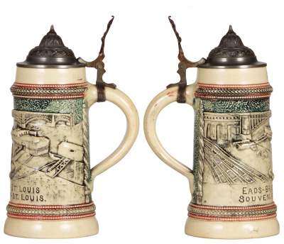 Three Diesinger steins, pottery, all St, Louis, .5L, pottery, relief, St. Louis 1904, owner I.D. is under the pewter lid; with, .5L, relief, Eads Bridge, pewter lid has a tear soldered, factory blister on base; with, .5L, relief, Union Station, pewter lid - 3