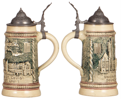 Three Diesinger steins, pottery, all St, Louis, .5L, pottery, relief, St. Louis 1904, owner I.D. is under the pewter lid; with, .5L, relief, Eads Bridge, pewter lid has a tear soldered, factory blister on base; with, .5L, relief, Union Station, pewter lid - 4