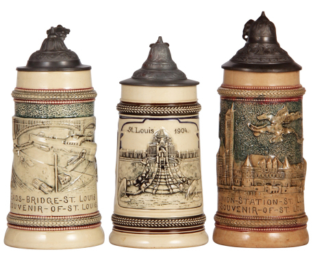 Three Diesinger steins, pottery, all St. Louis, .5L, relief, Eads Bridge; with, .5L, relief, St. Louis, 1604; with, .5L, relief, Union Station, browning, all have pewter lids, all good condition. LOT 7284