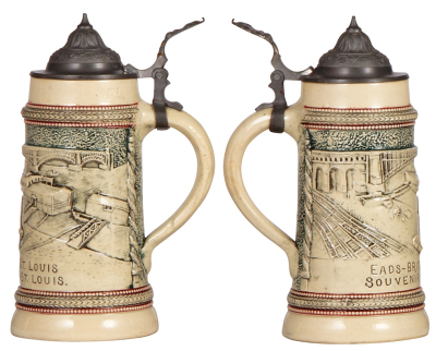 Three Diesinger steins, pottery, all St. Louis, .5L, relief, Eads Bridge; with, .5L, relief, St. Louis, 1604; with, .5L, relief, Union Station, browning, all have pewter lids, all good condition. LOT 7284 - 2