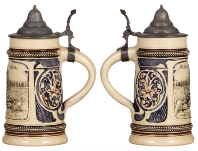 Three Diesinger steins, pottery, all St. Louis, .5L, relief, Eads Bridge; with, .5L, relief, St. Louis, 1604; with, .5L, relief, Union Station, browning, all have pewter lids, all good condition. LOT 7284 - 3