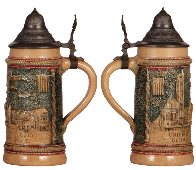 Three Diesinger steins, pottery, all St. Louis, .5L, relief, Eads Bridge; with, .5L, relief, St. Louis, 1604; with, .5L, relief, Union Station, browning, all have pewter lids, all good condition. LOT 7284 - 4