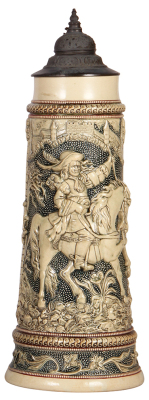 Pottery stein, 3.0L, 16.3" ht., relief, by Diesinger, 690, pewter lid, very good condition.