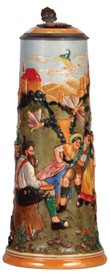 Pottery stein, 2.5L, 14.6" ht., relief, marked 845, by J.W. Remy, inlaid lid, small factory glaze flaw on base, otherwise mint.