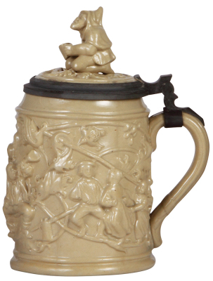 Mettlach stein, .5L, 385, relief, earlyware, figural inlaid lid, mint. - 2