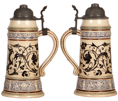 Two pottery steins, 2.0L, 16.0" ht., relief, marked 1972, pewter lid, .5" glaze flake at top rim; with, 3.0L, 14.3", relief, marked 287 B, by Reinhold Hanke, pewter lid, mint.             - 3