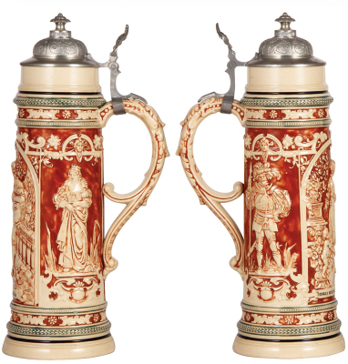 Two pottery steins, 2.0L, 16.0" ht., relief, marked 866, by Gerz, pewter lid, mint; with, 2.0L, 14.7", relief, marked 540, by J.W. Remy, pewter lid, mint. - 2