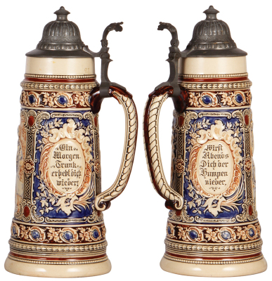 Two pottery steins, 2.0L, 16.0" ht., relief, marked 866, by Gerz, pewter lid, mint; with, 2.0L, 14.7", relief, marked 540, by J.W. Remy, pewter lid, mint. - 3