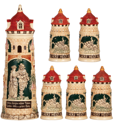 Pottery stein set, 3.0L, 17.4" ht., relief, castle tower, pottery lid, small chips & flakes; with, five, .3L, steins, pottery lids, one has a base chip, another has a cracked lid, three mint. 