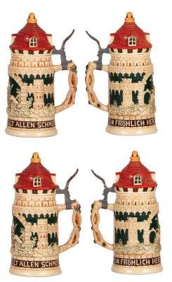 Pottery stein set, 3.0L, 17.4" ht., relief, castle tower, pottery lid, small chips & flakes; with, five, .3L, steins, pottery lids, one has a base chip, another has a cracked lid, three mint.  - 3