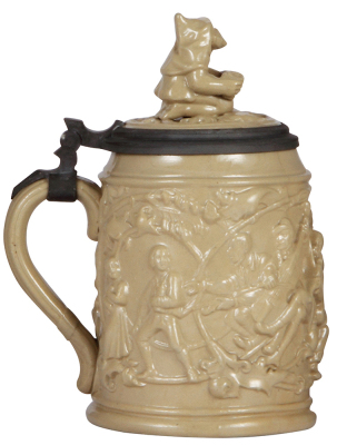 Mettlach stein, .5L, 385, relief, earlyware, figural inlaid lid, mint. - 3