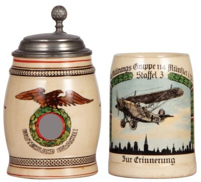 Two Third Reich steins, .5L, pottery, Deutschland Erwache!, pewter lid, pewter strap repaired; with, .5L, pottery, Aufklärungs Gruppe 114, Münster i./m., no lid, chip & hairline on base in rear. A DETAILED PHOTO OF THE BODY & THE LID IS AVAILABLE, PLEASE