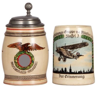 Two Third Reich steins, .5L, pottery, Deutschland Erwache!, pewter lid, pewter strap repaired; with, .5L, pottery, Aufklärungs Gruppe 114, Münster i./m., no lid, chip & hairline on base in rear. A DETAILED PHOTO OF THE BODY & THE LID IS AVAILABLE, PLEASE 