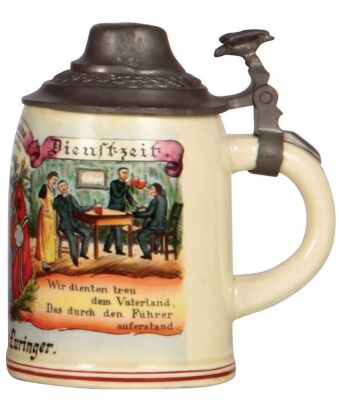 Third Reich stein, .5L, pottery, Inft. Regt. 63, M.G.K., two side scenes, owner's name, pewter lid with helmet finial, two tight hairlines. A DETAILED PHOTO OF THE BODY & THE LID IS AVAILABLE, PLEASE EMAIL YOUR REQUEST. - 2