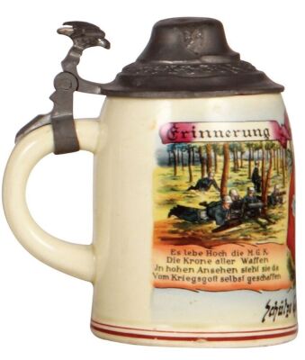 Third Reich stein, .5L, pottery, Inft. Regt. 63, M.G.K., two side scenes, owner's name, pewter lid with helmet finial, two tight hairlines. A DETAILED PHOTO OF THE BODY & THE LID IS AVAILABLE, PLEASE EMAIL YOUR REQUEST. - 3