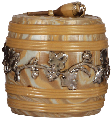 Mettlach tobacco jar, 290, relief, earlyware, set-on lid, chips on inner rim of bowl are concealed by closed lid.