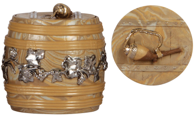 Mettlach tobacco jar, 290, relief, earlyware, set-on lid, chips on inner rim of bowl are concealed by closed lid. - 2