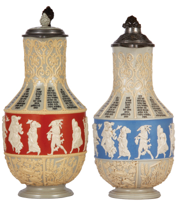 Two Mettlach steins, 3.0L, 15.2'' ht., 171, relief, inlaid lid; with, 3.0L, 14.6'' ht., 171, relief, pewter lid, mint.