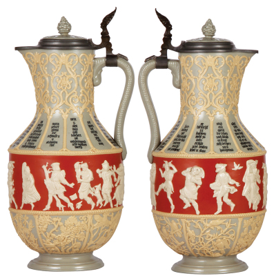 Two Mettlach steins, 3.0L, 15.2'' ht., 171, relief, inlaid lid; with, 3.0L, 14.6'' ht., 171, relief, pewter lid, mint. - 2