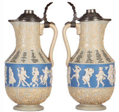 Two Mettlach steins, 3.0L, 15.2'' ht., 171, relief, inlaid lid; with, 3.0L, 14.6'' ht., 171, relief, pewter lid, mint. - 3