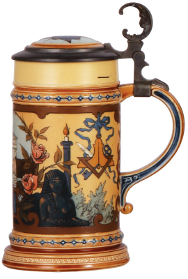 Mettlach stein, .5L, 1819, etched, by C. Warth, Masonic stein, inlaid lid, minor pewter tear repair, otherwise mint. - 2