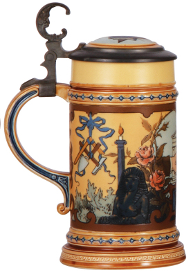 Mettlach stein, .5L, 1819, etched, by C. Warth, Masonic stein, inlaid lid, minor pewter tear repair, otherwise mint. - 3