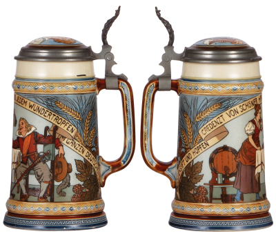 Mettlach stein, .5L, 2640, etched, inlaid lid, tiny glaze flake on base. - 2