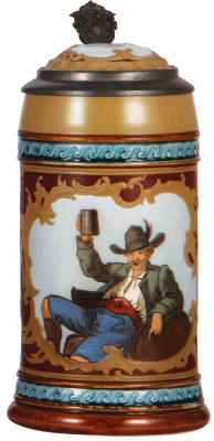 Mettlach stein, .5L, 2054, etched, inlaid lid, mint.