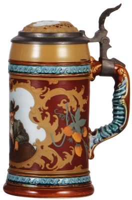 Mettlach stein, .5L, 2054, etched, inlaid lid, mint. - 2