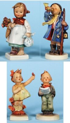 Four Hummel figurines, 5.9" ht., 204, TMK 2, Weary Wanderer, neck break glued; with, 6.0" ht., 15/0, TMK 2, Hear Ye! Hear Ye!, mint; with, 5.4" ht., 72, TMK 2, Spring Cheer, mint; with, 5.1" ht., 135, TMK 2, Soloist, mint.  