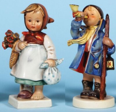 Four Hummel figurines, 5.9" ht., 204, TMK 2, Weary Wanderer, neck break glued; with, 6.0" ht., 15/0, TMK 2, Hear Ye! Hear Ye!, mint; with, 5.4" ht., 72, TMK 2, Spring Cheer, mint; with, 5.1" ht., 135, TMK 2, Soloist, mint.   - 2