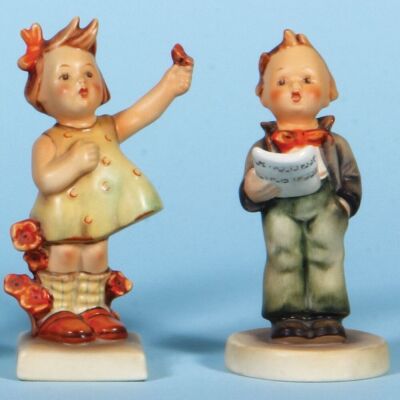 Four Hummel figurines, 5.9" ht., 204, TMK 2, Weary Wanderer, neck break glued; with, 6.0" ht., 15/0, TMK 2, Hear Ye! Hear Ye!, mint; with, 5.4" ht., 72, TMK 2, Spring Cheer, mint; with, 5.1" ht., 135, TMK 2, Soloist, mint.   - 3