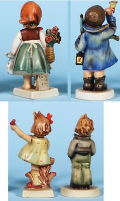 Four Hummel figurines, 5.9" ht., 204, TMK 2, Weary Wanderer, neck break glued; with, 6.0" ht., 15/0, TMK 2, Hear Ye! Hear Ye!, mint; with, 5.4" ht., 72, TMK 2, Spring Cheer, mint; with, 5.1" ht., 135, TMK 2, Soloist, mint.   - 4