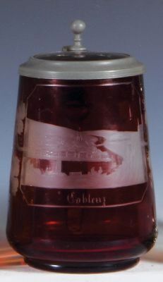 Three glass steins, .5L, blown, ruby flashed, wheel-engraved: Coblenz, clear glass inlaid lid, minor wear; with, 5.3" ht., blown, ruby flashed, wheel-engraved: Schloss Friedland, clear glass inlaid lid, mint; with, 13.5" ht., blown, amber, young girl, Mar - 2