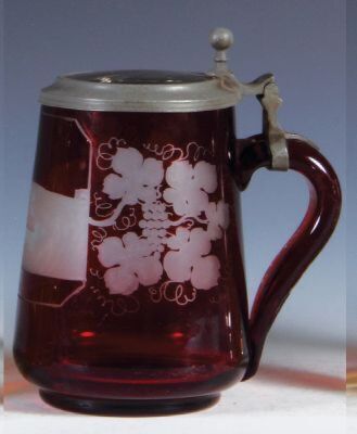 Three glass steins, .5L, blown, ruby flashed, wheel-engraved: Coblenz, clear glass inlaid lid, minor wear; with, 5.3" ht., blown, ruby flashed, wheel-engraved: Schloss Friedland, clear glass inlaid lid, mint; with, 13.5" ht., blown, amber, young girl, Mar - 3