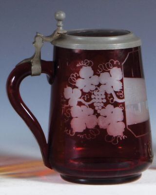 Three glass steins, .5L, blown, ruby flashed, wheel-engraved: Coblenz, clear glass inlaid lid, minor wear; with, 5.3" ht., blown, ruby flashed, wheel-engraved: Schloss Friedland, clear glass inlaid lid, mint; with, 13.5" ht., blown, amber, young girl, Mar - 4