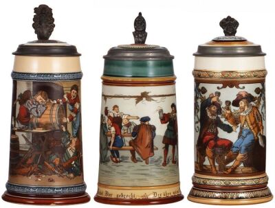 Three Mettlach steins, 1.0L, 2500, etched, inlaid lid, good repair to hairline in rear; with, 1.0L, 2028, etched, by E.W., inlaid lid, good repair to hairline in rear; with, 1.0L, 1932, etched, by C. Warth, inlaid lid, excellent new inlay, otherwise mint.