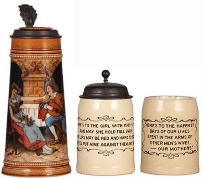 Three Mettlach steins, 1.0L, 2780, etched, inlaid lid, line at bottom of the handle; with, Mettlach stein, .4L, 1909, PUG, English verse, pewter lid, mint; with, .4L, 1909, PUG, English verse, no lid, minor discoloration at the top rim.