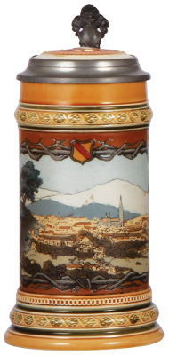 Mettlach stein, .5L, 1795, etched, Freiburg, inlaid lid, mint.