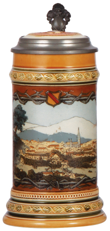 Mettlach stein, .5L, 1795, etched, Freiburg, inlaid lid, mint.