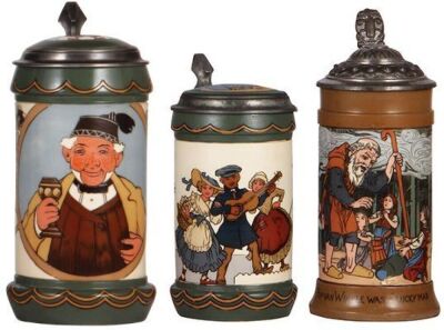 Three Mettlach steins, 1.0L, 3092, etched, by H. Schlitt, inlaid lid, excellent new inlay, body mint; with, .5L, 3090, etched, by H. Schlitt, inlaid lid, good inlay repair; with, .5L, 2809, etched, by F. Quidenus, base break & chips, pewter lid is an old 