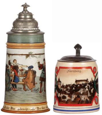 Two Mettlach steins, 1.0L, 2028, etched, by E.W., original pewter lid, mint; with, .5L, 1526, transfer & hand-painted, Nürnberg, flat metal lid, mint.