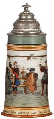 Two Mettlach steins, 1.0L, 2028, etched, by E.W., original pewter lid, mint; with, .5L, 1526, transfer & hand-painted, Nürnberg, flat metal lid, mint. - 2