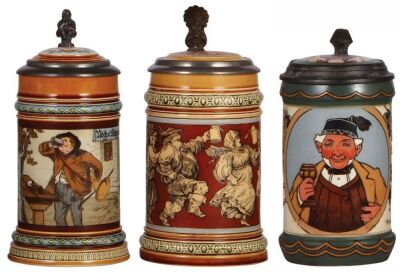 Three Mettlach steins, .5L, 1995, etched, inlaid lid from #1932, mint; with, .5L, 2057, etched, inlaid lid, mint; with, .5L, 3092, etched, inlaid lid, good repair of inlay crack, interior glaze browning.