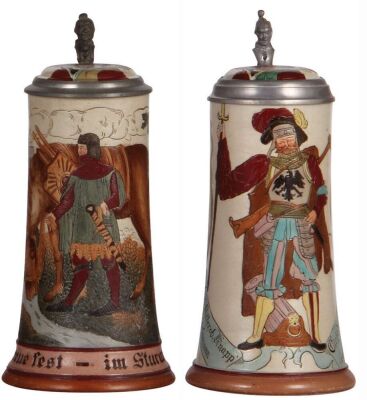 Two stoneware steins, .5L, etched, #1622, by Marzi & Remy, inlaid lid; with, .5L, etched, #1765, by Marzi & Remy, inlaid lid, both mint.