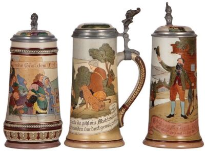 Three stoneware steins, .5L, etched, by Marzi & Remy, inlaid lids, marked 1637, 1615, and 1614, all mint.