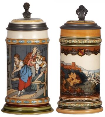 Two Mettlach steins, .5L, 2808, etched, inlaid lid, mint; with, .5L, 1675, etched, Heidelberg, inlaid lid, mint.