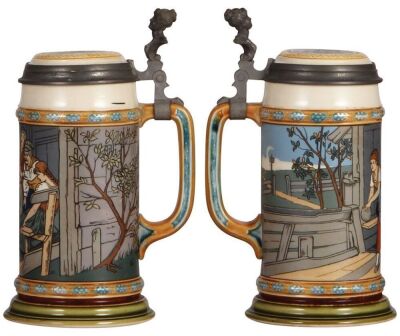 Two Mettlach steins, .5L, 2808, etched, inlaid lid, mint; with, .5L, 1675, etched, Heidelberg, inlaid lid, mint. - 4